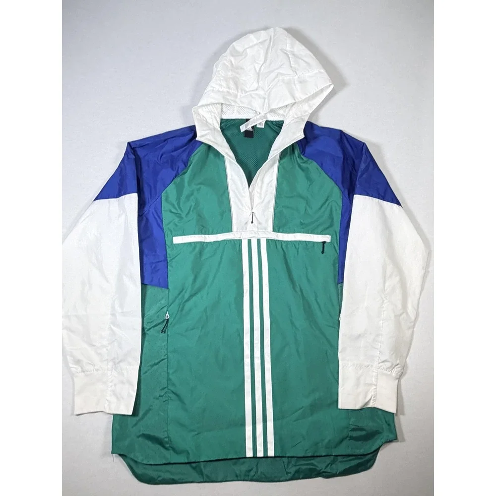 Adidas Jacket Mens Medium Green Blue White Colorblock Hooded 1/2 Zip Windbreaker